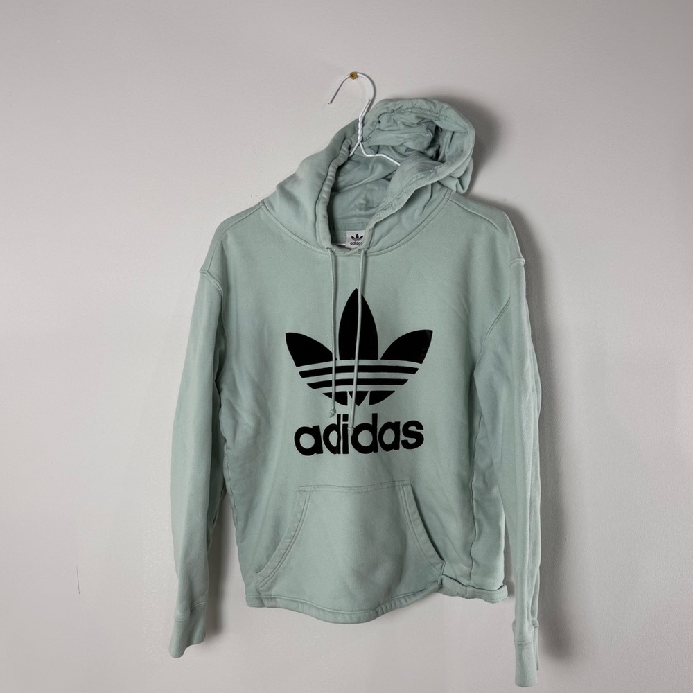 Adidas Pullover Hoodie Light Blue Green Big Velvet Trefoil Logo Small
